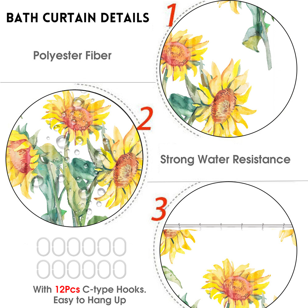 NonSlipSunflowerPatternToiletCoverMatPolyesterFabricShowerCurtainsSetForBathroom-1720124-2