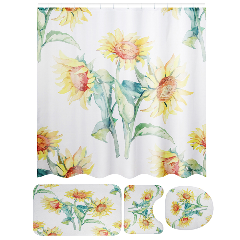 NonSlipSunflowerPatternToiletCoverMatPolyesterFabricShowerCurtainsSetForBathroom-1720124-3