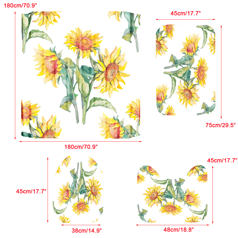 NonSlipSunflowerPatternToiletCoverMatPolyesterFabricShowerCurtainsSetForBathroom-1720124-5