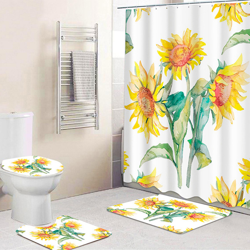 NonSlipSunflowerPatternToiletCoverMatPolyesterFabricShowerCurtainsSetForBathroom-1720124-7