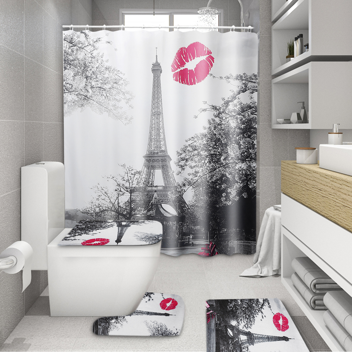 ParisEiffelTowerStyleWaterproofBathroomShowerCurtainandPedestalToiletSeatLidBathMat-1450149-1
