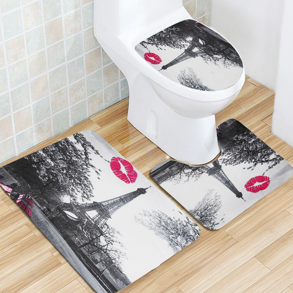 ParisEiffelTowerStyleWaterproofBathroomShowerCurtainandPedestalToiletSeatLidBathMat-1450149-2