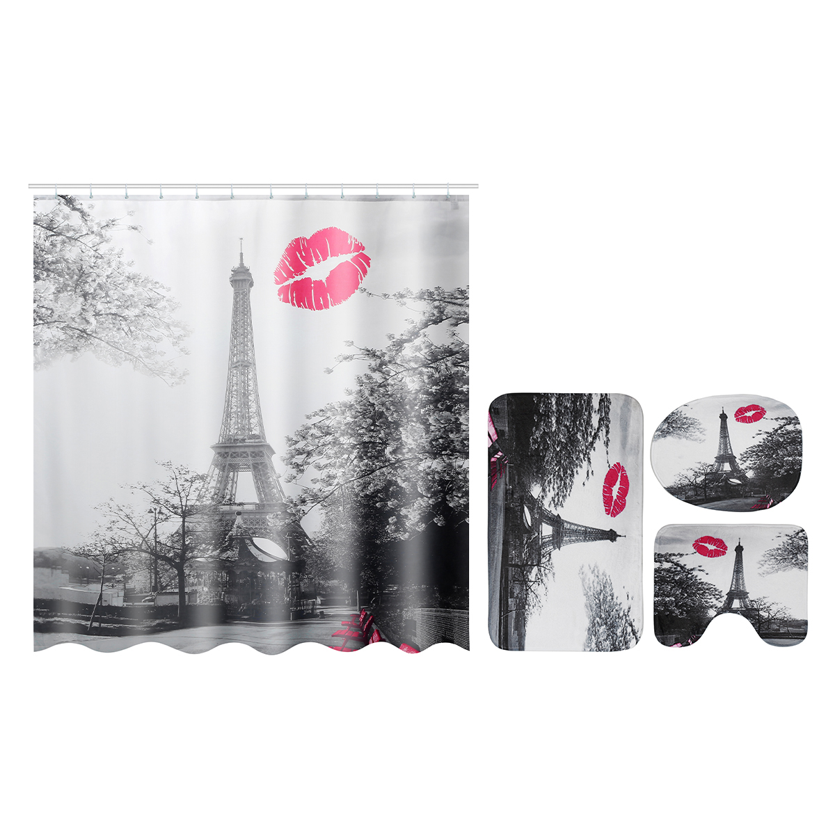 ParisEiffelTowerStyleWaterproofBathroomShowerCurtainandPedestalToiletSeatLidBathMat-1450149-3