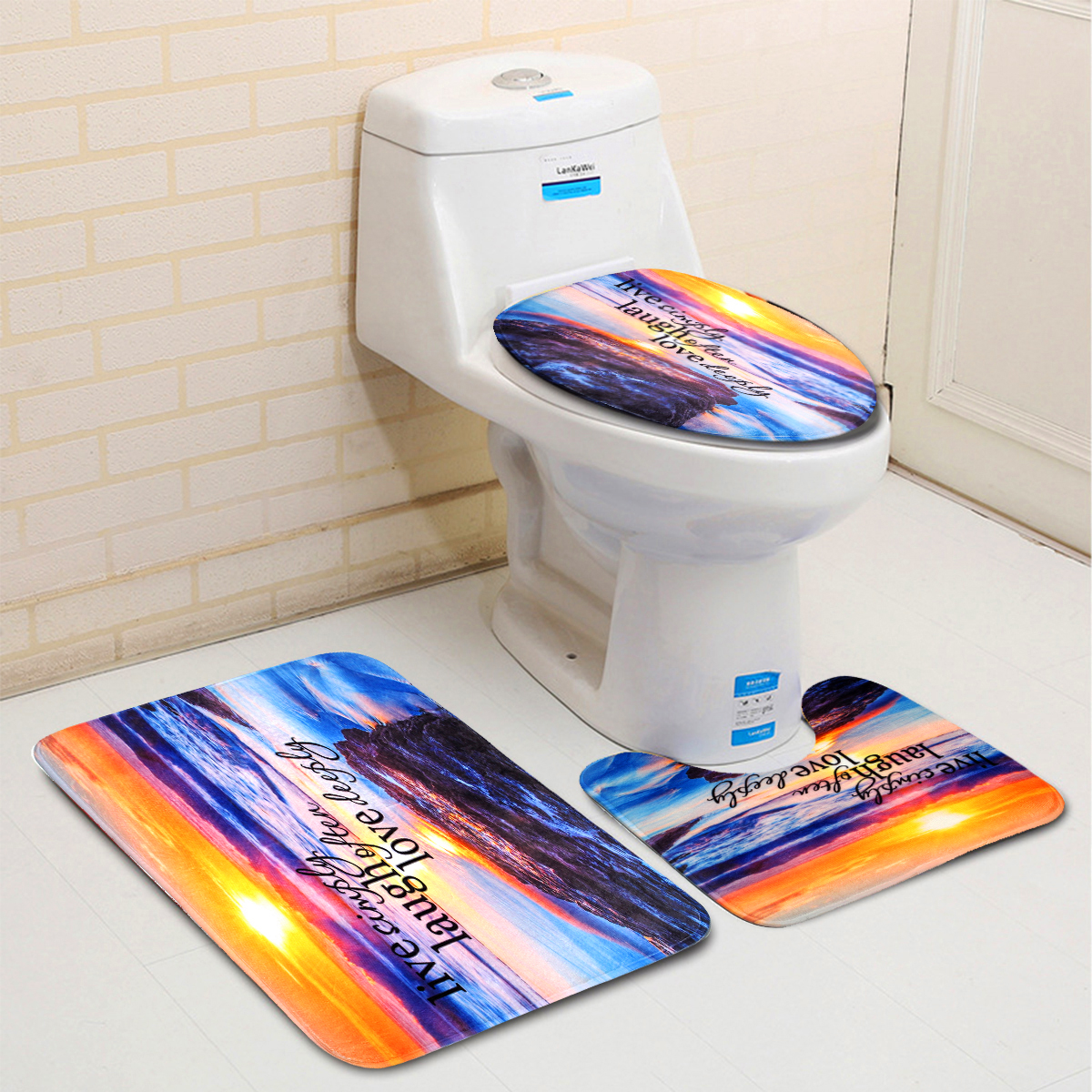 SandyBeachWaterproofBathroomShowerCurtainToiletCoverMatNon-SlipRugSet-1404285-1