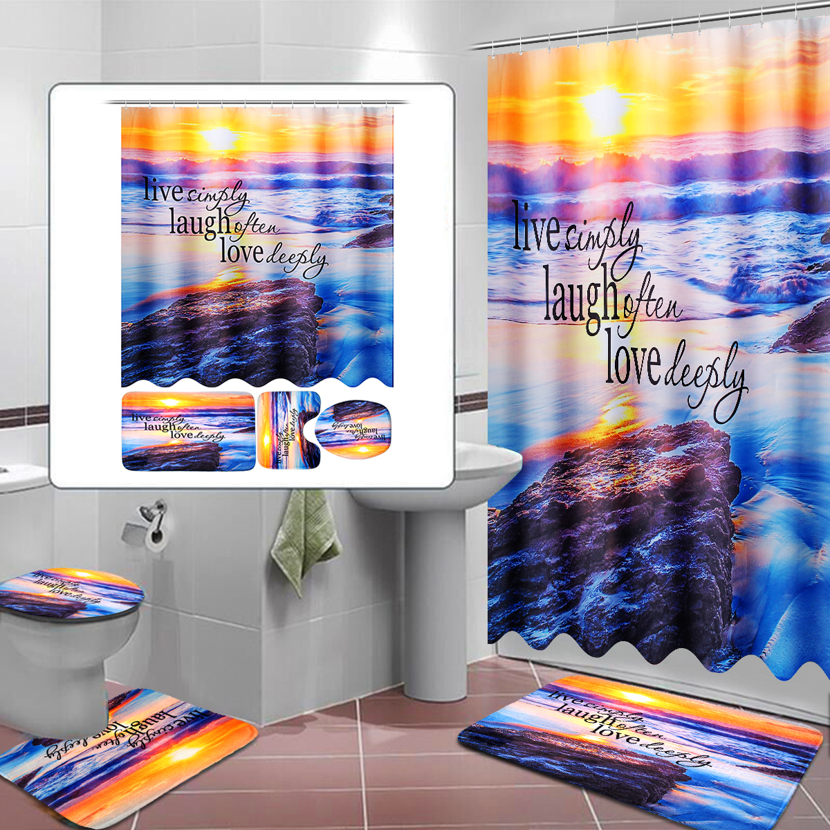 SandyBeachWaterproofBathroomShowerCurtainToiletCoverMatNon-SlipRugSet-1404285-5