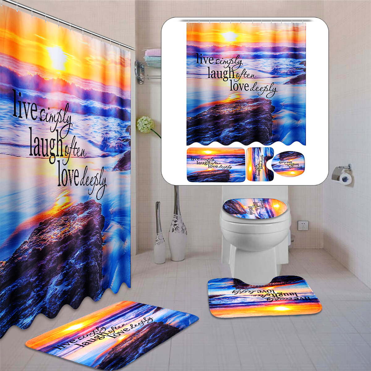 SandyBeachWaterproofBathroomShowerCurtainToiletCoverMatNon-SlipRugSet-1404285-7