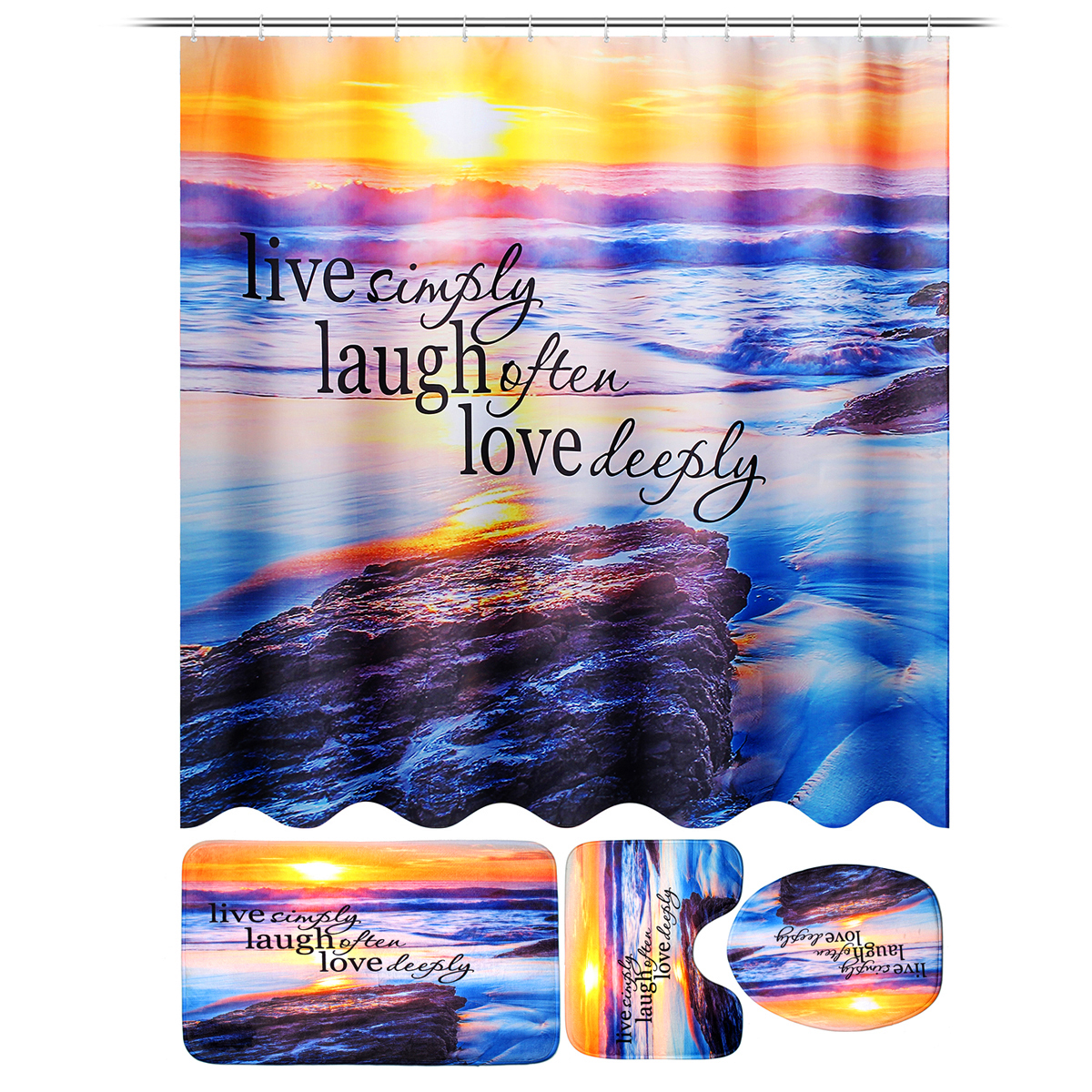 SandyBeachWaterproofBathroomShowerCurtainToiletCoverMatNon-SlipRugSet-1404285-9