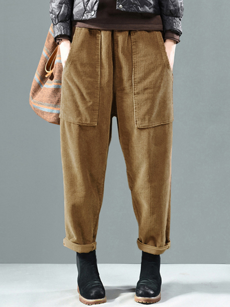 CorduroyElasticWaistSolidColorSidePocketHaremPants-1607906-1