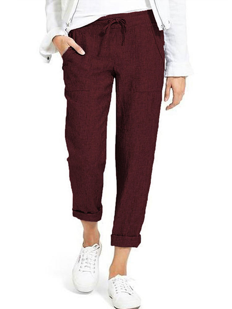 WomenCasualSolidColorElasticWaistSidePocketsTrouserPants-1542069-1