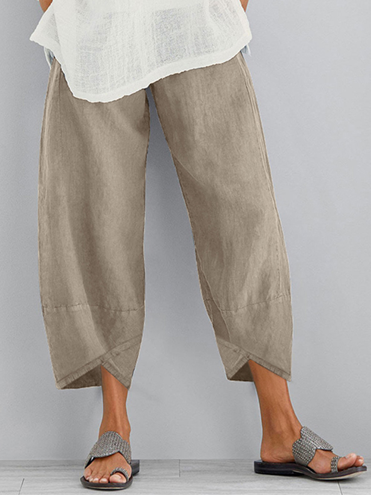 WomenSolidColorElasticWaistLooseSidePocketPants-1655585-1