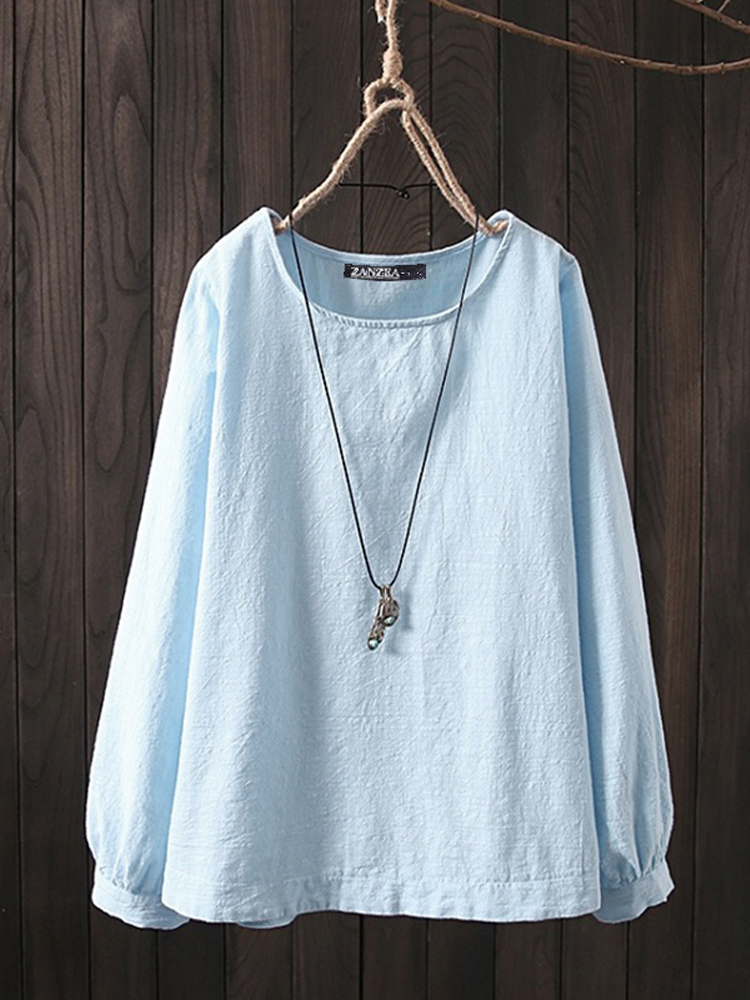 WomenLongSleeveCrewNeckCasualSolidCottonBlouse-1502210-1