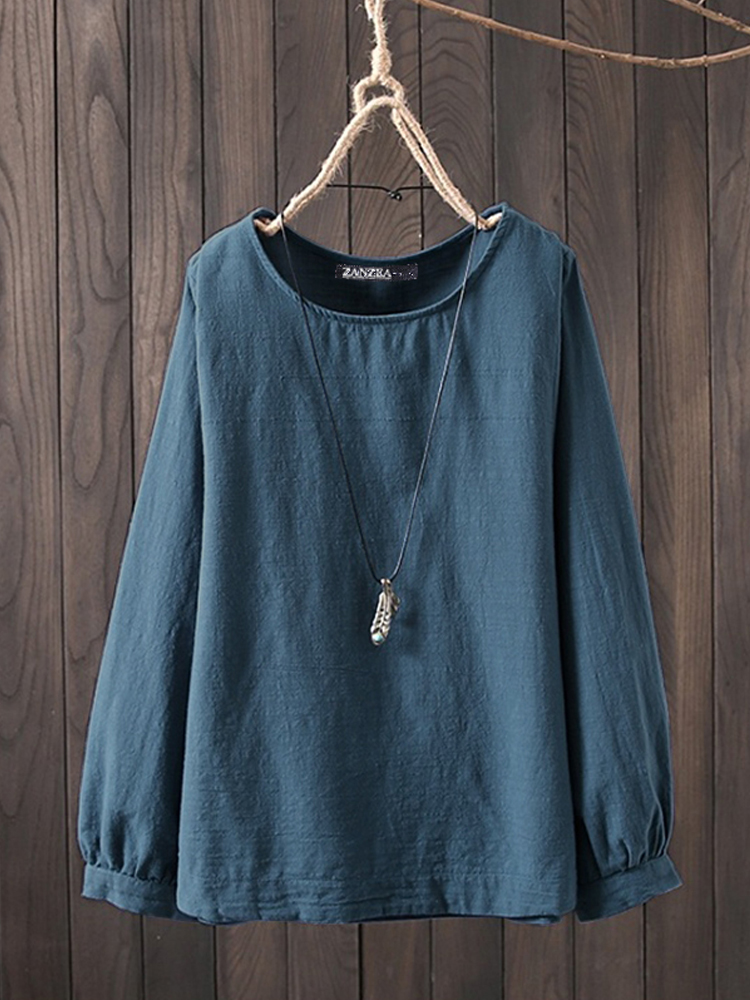 WomenLongSleeveCrewNeckCasualSolidCottonBlouse-1502210-2