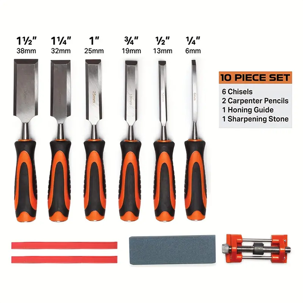 10PCSWoodCarvingChiselSetwith6pcsPremiumWoodChiselwithHoningGuideHeat-Treated60Cr-VSharpeningStoneCa-2010502-2