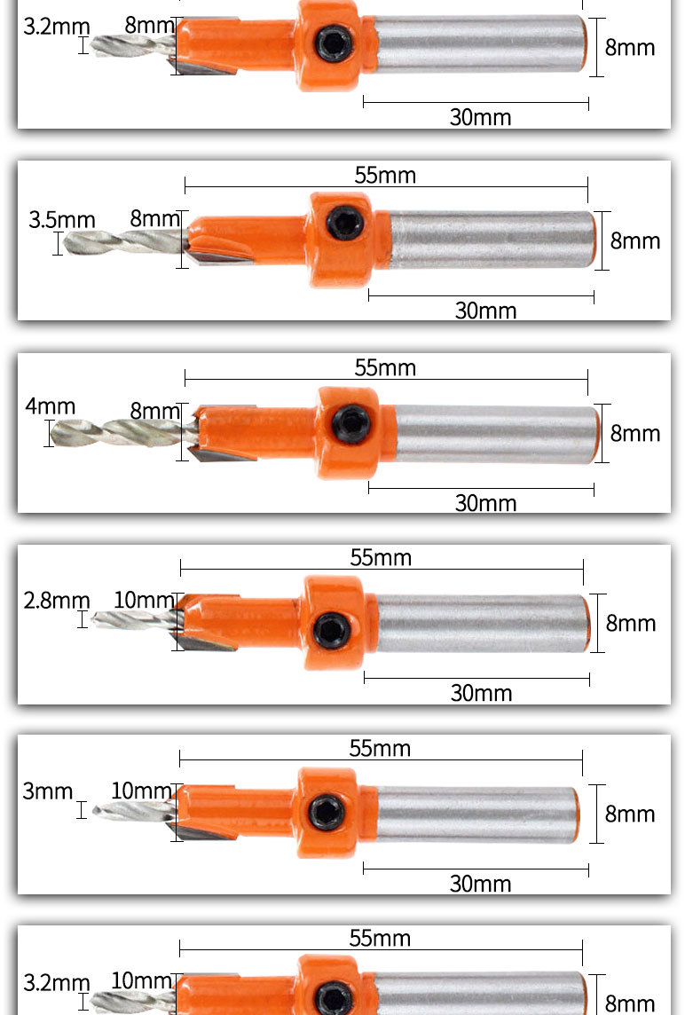 28-4mmWoodCountersinkDrillBitSetHSSTungstenSteel45SteelBodyHighPrecisionDurableWearResistantTaperedD-1999896-8