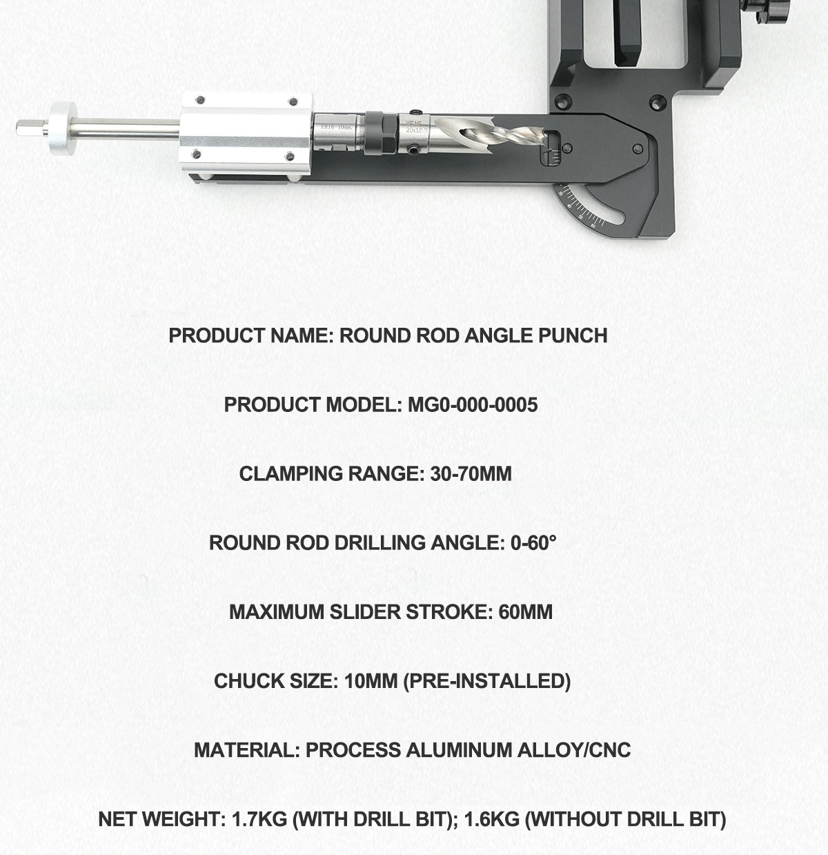 CircleRodAngleHolePunchwithAdjustable30-70mmClampand0-60DegreePunchAngleLightweightHighPrecisionEdur-2010240-8