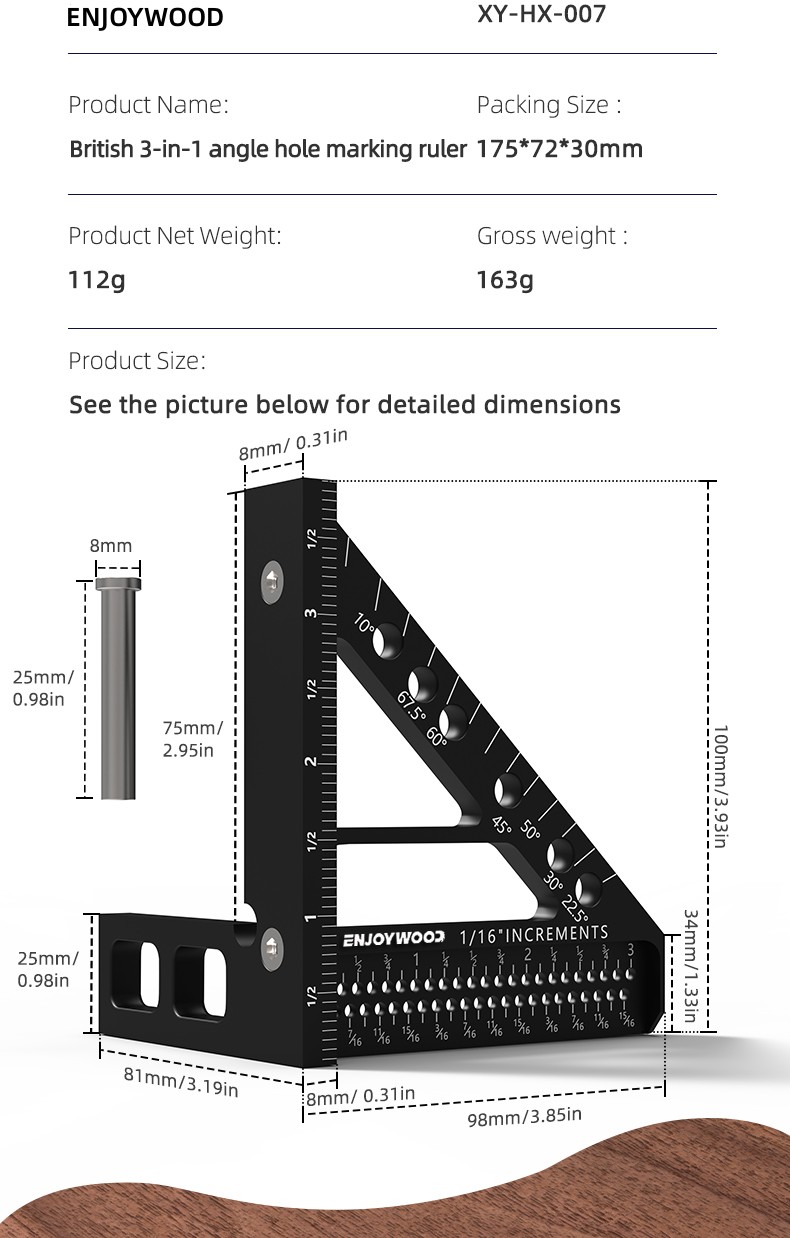ENJOYWOOD3DMulti-AngleMeasuringRulerSquareProtractorHolePositioningInchMMImperialMetricDurableAlumin-2007185-4