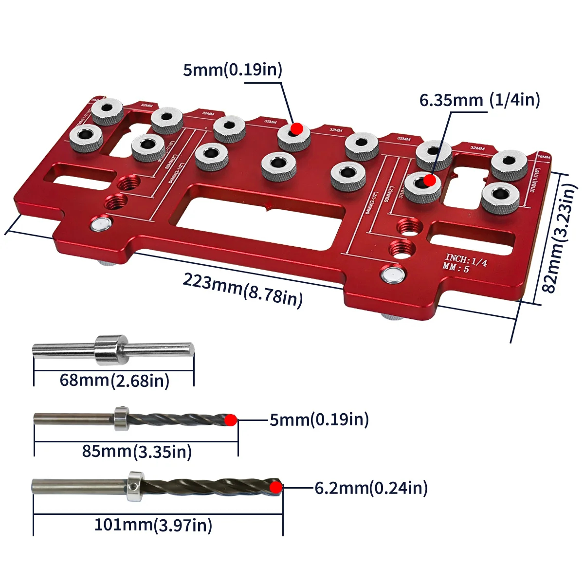 JIGHOLE5mm14InchAluminumAlloyCabinetHardwareJigPocketHoleJigDrillGuideShelfPinPunchLocatorforStraigh-2009190-5