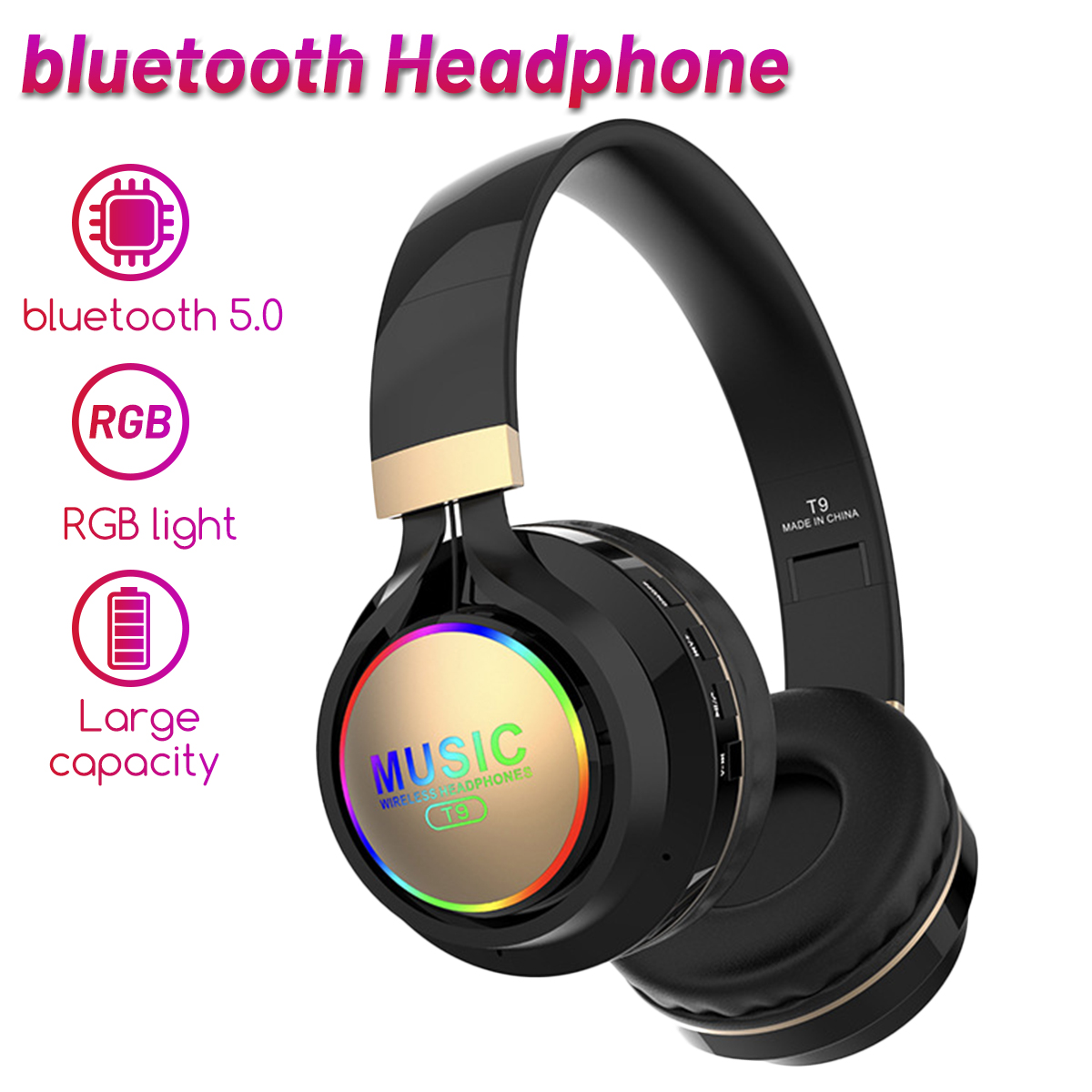 BakeeyT9bluetoothHeadphoneWirelessHeadsetFoldableTFCardAUXSportRGBLightGamingHeadsetwithMic-1700785-1