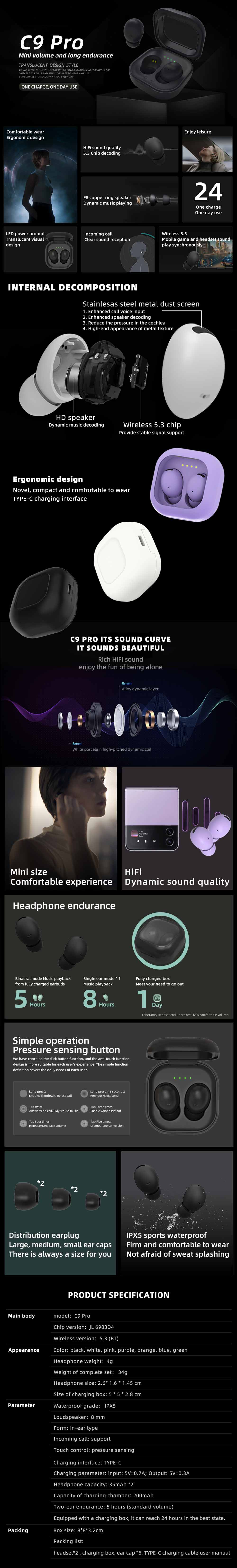 C9ProTWSWirelessbluetooth53EarphoneHiFiDynamicSoundIPX5WaterproofTouchControlErgonomicsSportsHeadpho-1990449-1