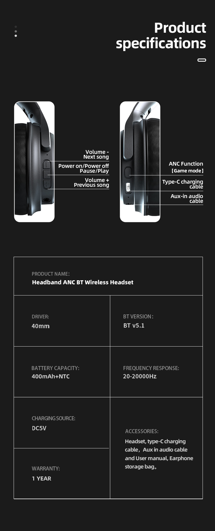 EL-A3iGamingHeadphonesActiveNoiseCancellingbluetooth51Head-MountedFoldableWirelessLongBatteryLifeHIF-1935721-16