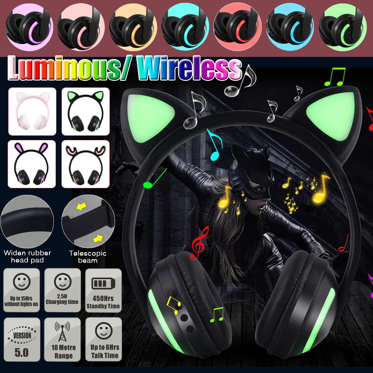 Wirelessbluetooth50HeadphoneLEDColorfulCarEarsCuteMusicHeadsetStereoHeadphonewithMic-1795906-1
