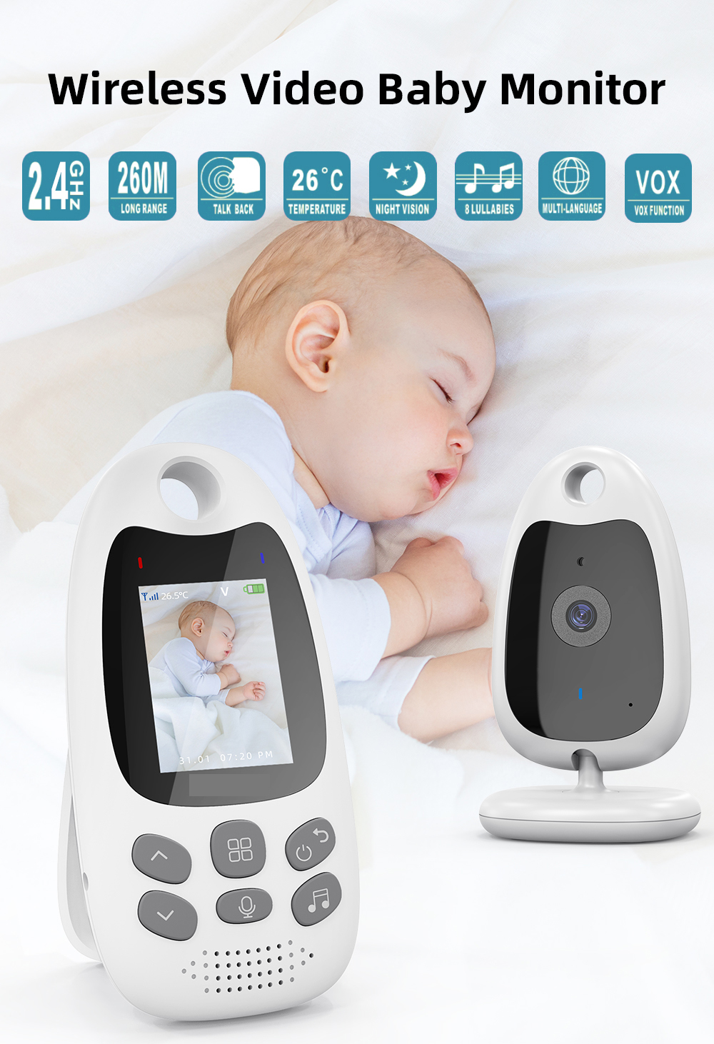 VB61020inchWirelessIndoorVideoBabyMonitorTwo-WayIntercomTemperatureMonitoringAutoNightVisionSecurity-1996050-1