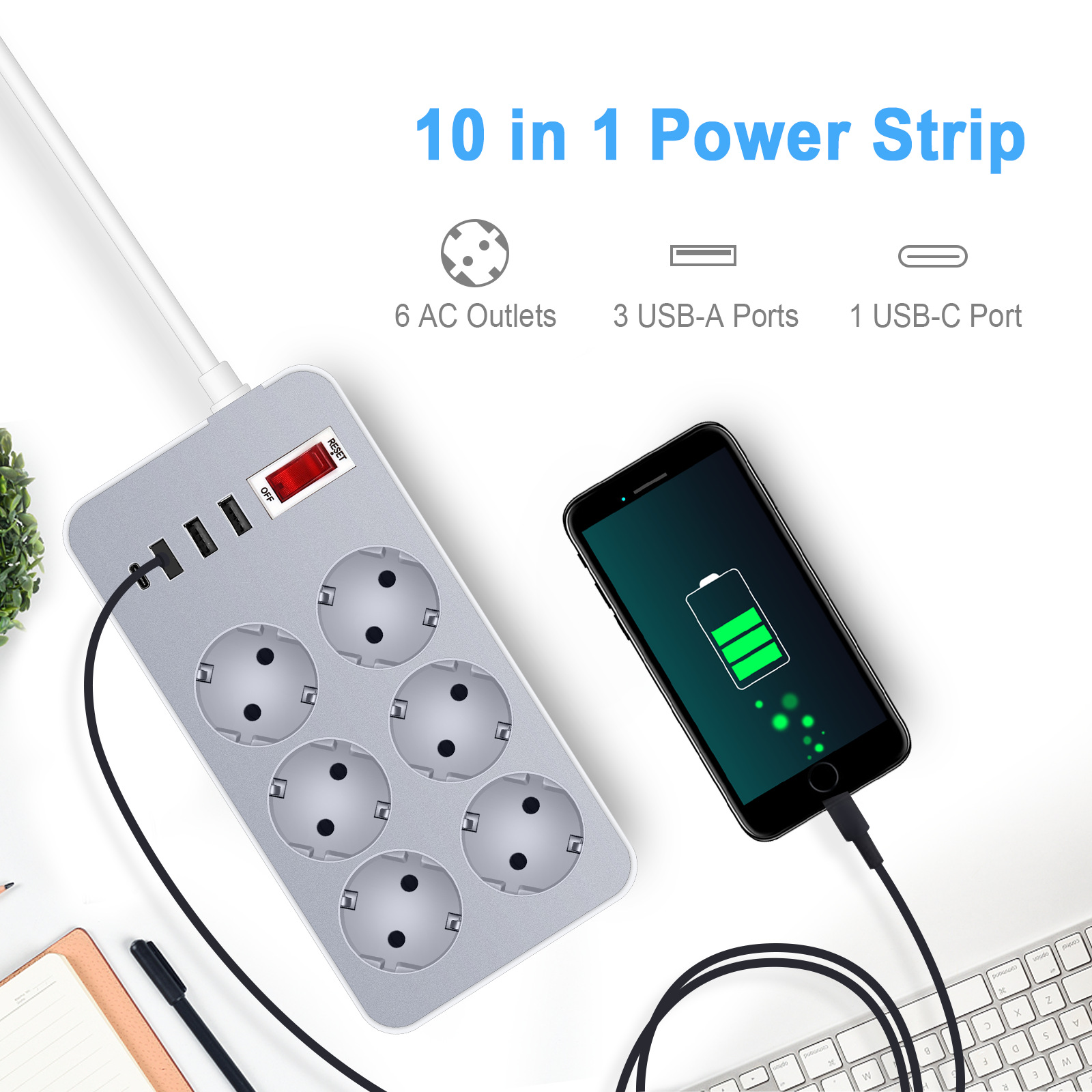 220V10A2200WPowerStrip12mExtensionCableAdapterwith6EUPlug3USBPortType-CforPhoneTabletComputerEuropea-1995990-1