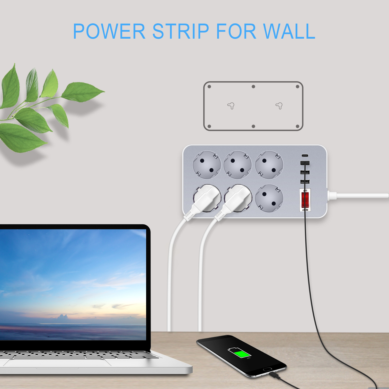 220V10A2200WPowerStrip12mExtensionCableAdapterwith6EUPlug3USBPortType-CforPhoneTabletComputerEuropea-1995990-3