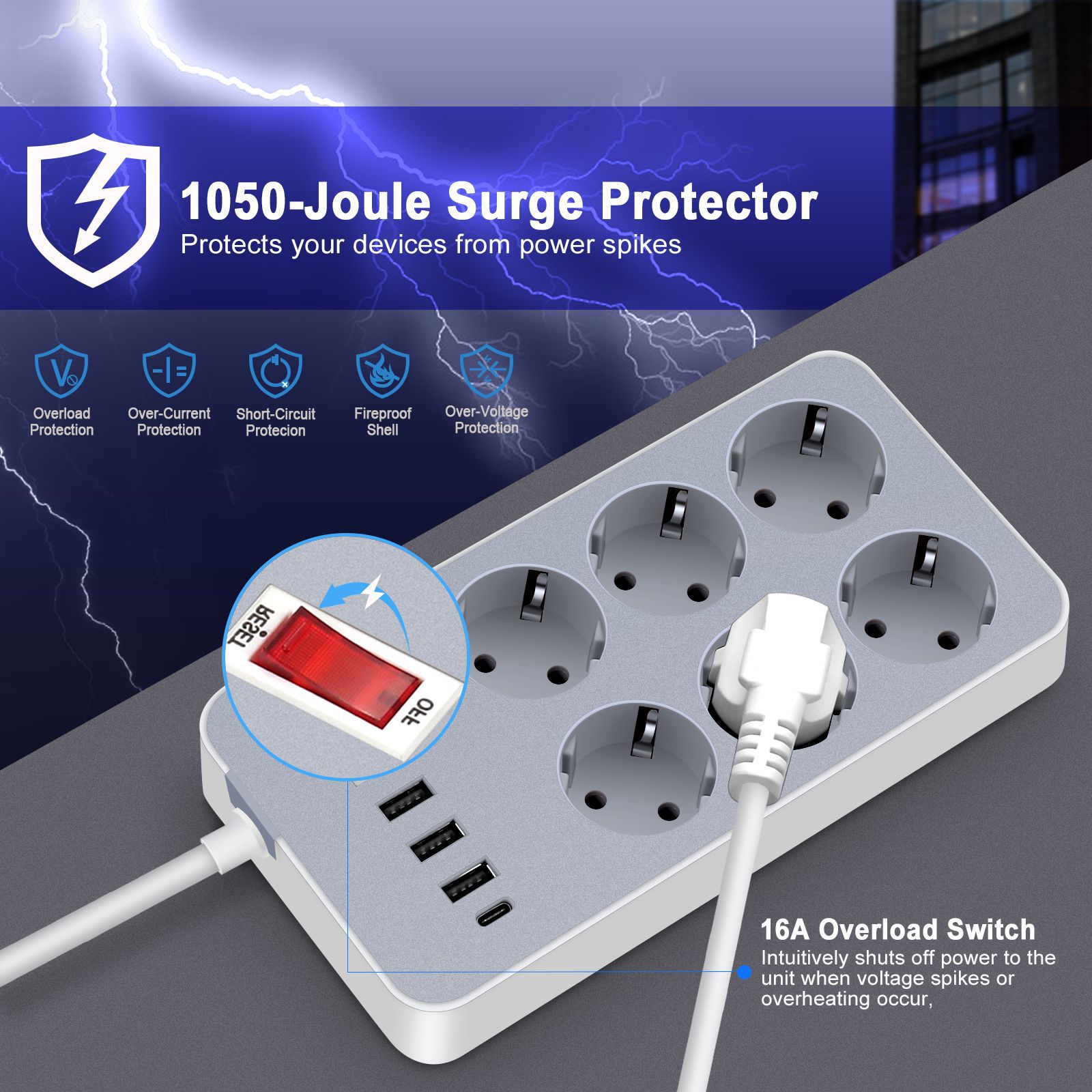 220V10A2200WPowerStrip12mExtensionCableAdapterwith6EUPlug3USBPortType-CforPhoneTabletComputerEuropea-1995990-5