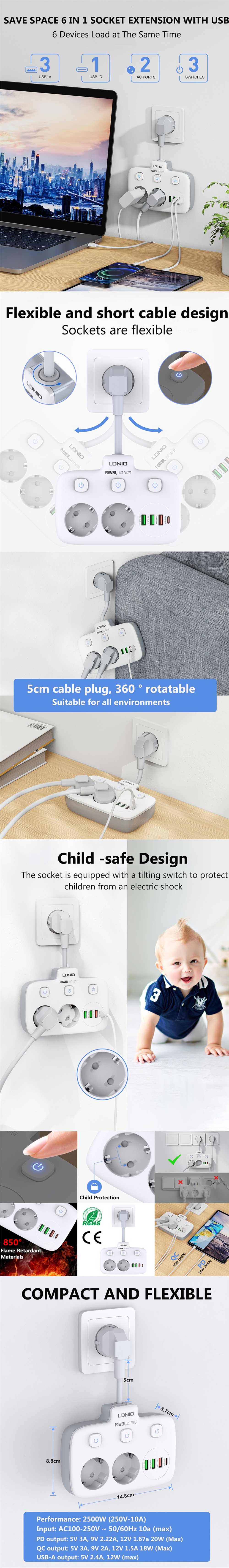 LDNIOMulti-socketPowerStrip2EUOutletwith3USB1Type-CPortMultipleSocketSwitchEuropeanSplitterSocket-1981094-1