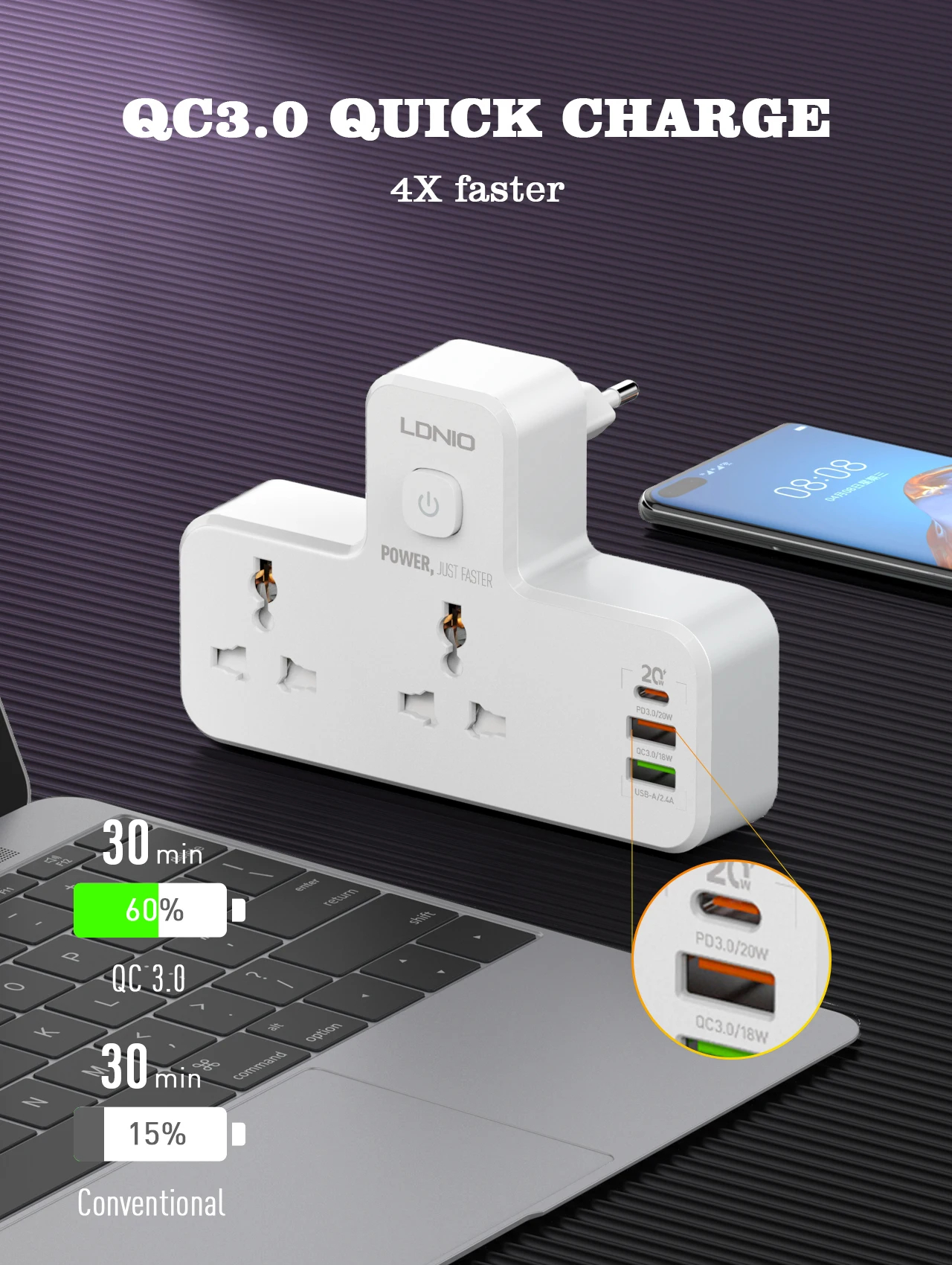 LDNIOSC2311PowerSocketUniversal2Outlets20WPDQC303USBWallChargerPowerStripAdapterMultiplePlugExpander-2008340-4