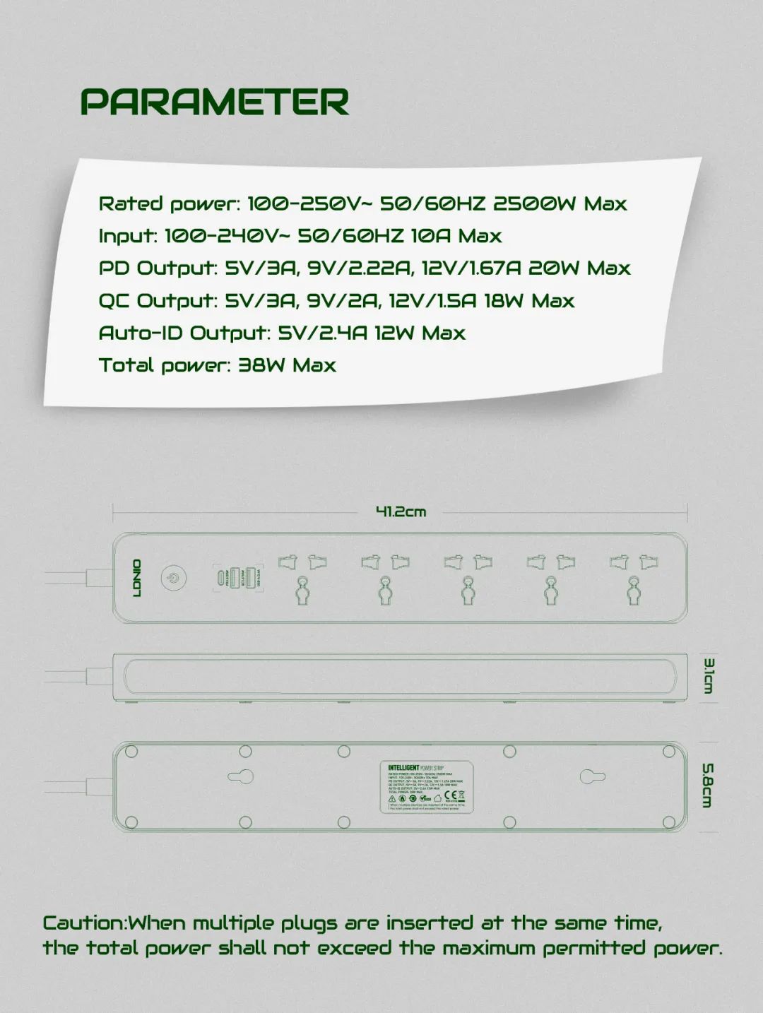 LDNIOSC53192500WPowerStrip5AC2A1CUniversalElectronicSocketAdapterwith2MExtensionCordPlugAdapterEUSta-1998166-18