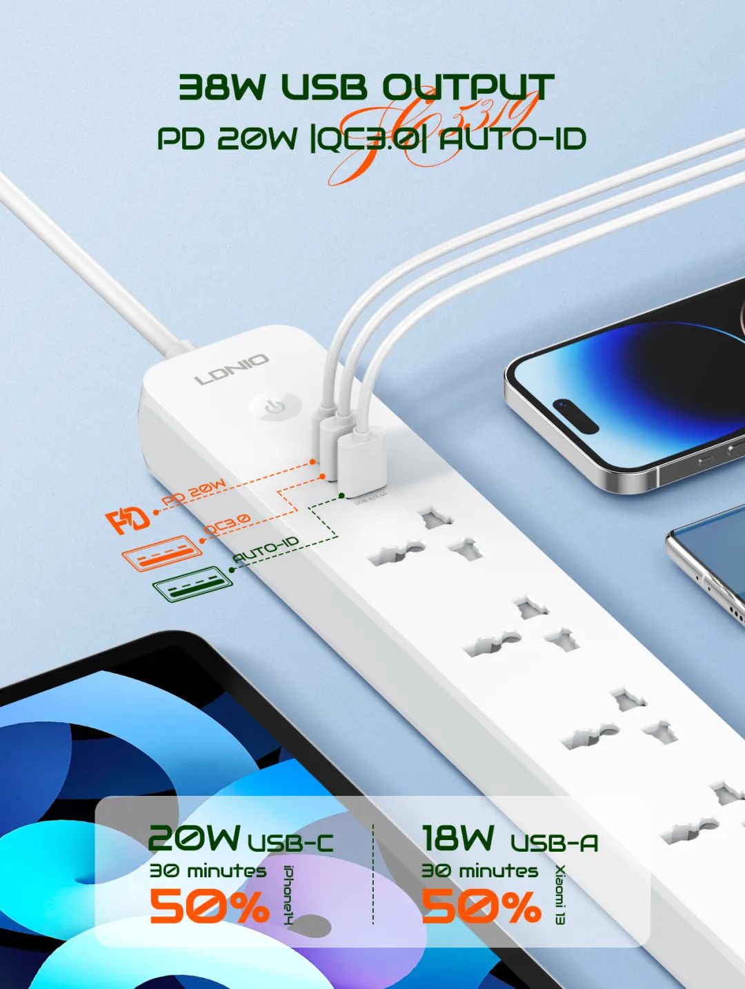LDNIOSC53192500WPowerStrip5AC2A1CUniversalElectronicSocketAdapterwith2MExtensionCordPlugAdapterEUSta-1998166-3