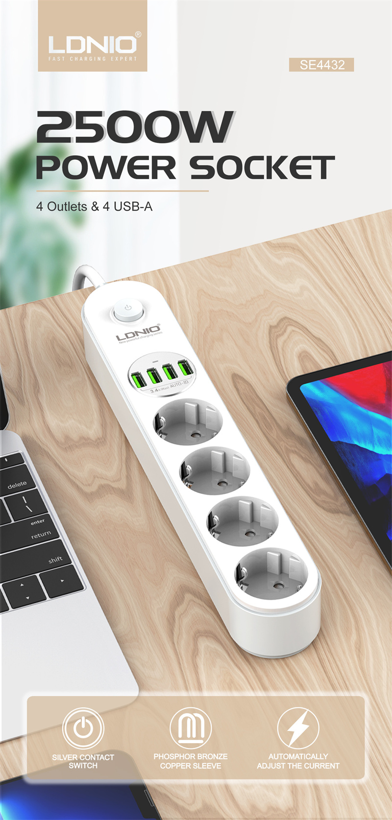 LDNIOSE44322500WPowerStripwith4Outlets4USB-AExtensionSocketEUPlug10AforPhoneTabletHomeAppliances-1997341-1