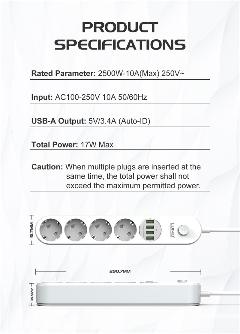LDNIOSE44322500WPowerStripwith4Outlets4USB-AExtensionSocketEUPlug10AforPhoneTabletHomeAppliances-1997341-12