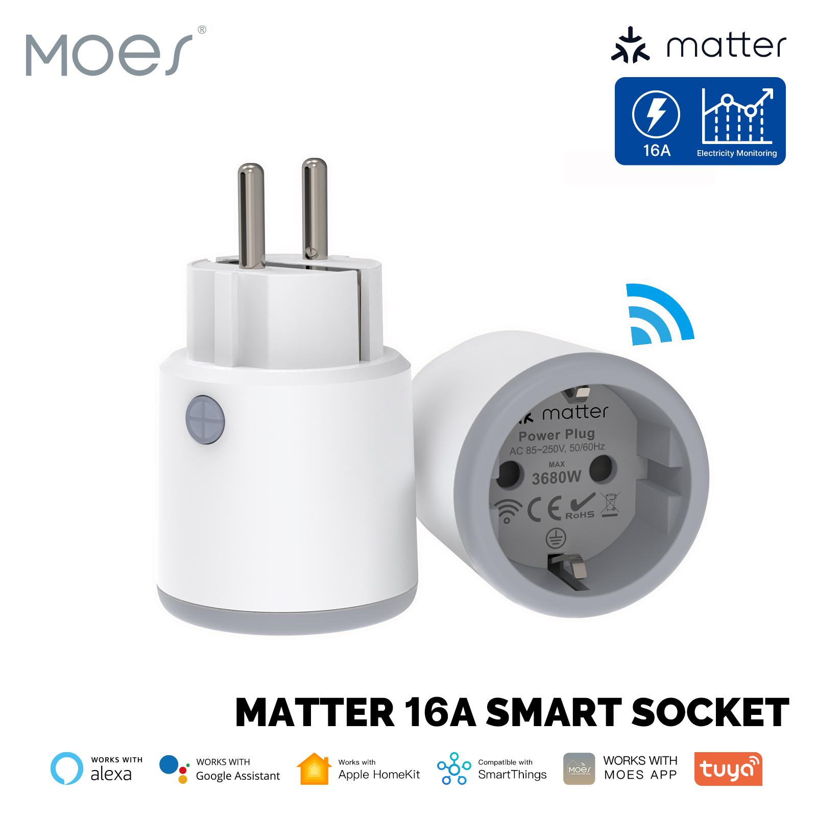 MoesHouseWiFiSmartPlugSocket16A3680WAC85-250V5060HzSmartTimerOutletPowerMonitorSupportTuyaAppleWorkW-1998490-1