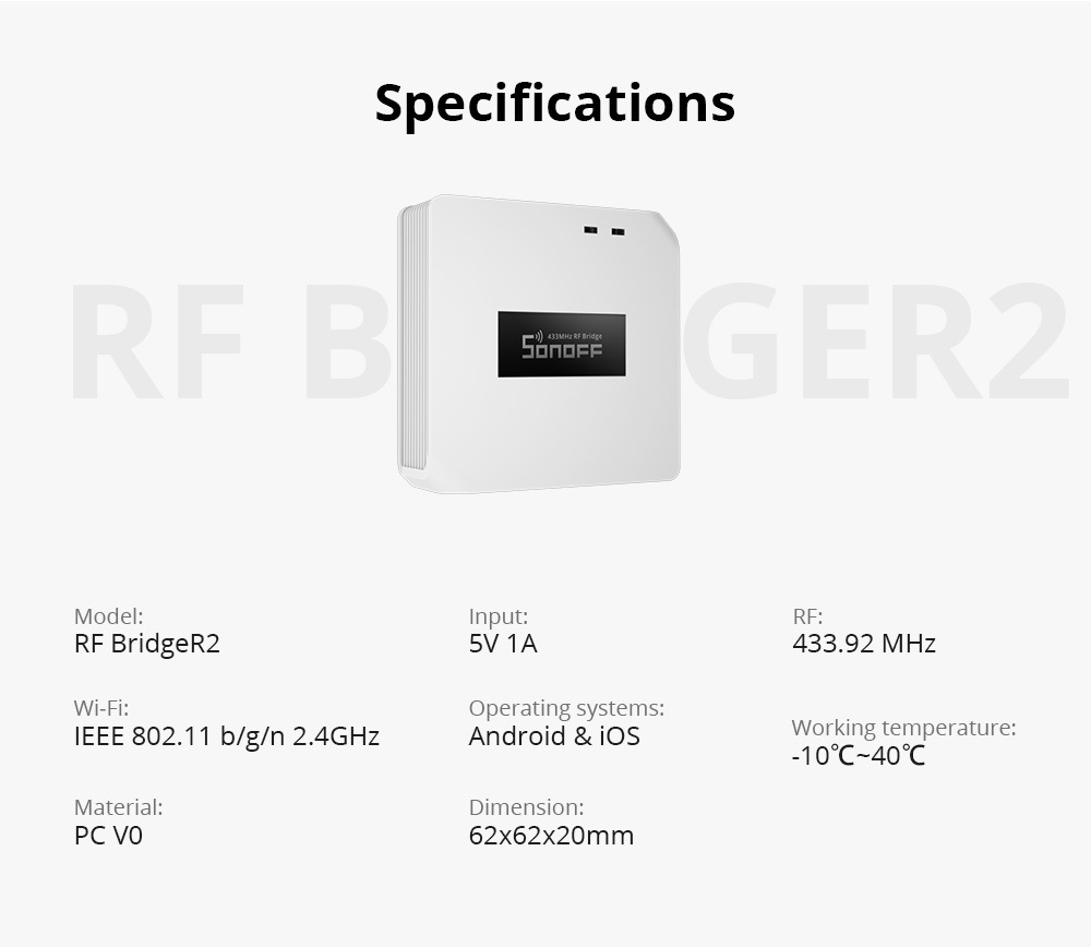 SONOFFRFBridgeR2433MHzRFtoWiFiWirelessGatewaySmartHomeHubSecurityRemoteControlSupportDW2-RFPIR3-RFSe-1997955-8