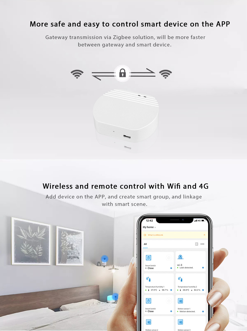 eWeLinkZigbee30GatewayIntelligentHubSmartHomeCompatiblewithHumanBodySensorTemperatureHumiditySensorD-2000093-5