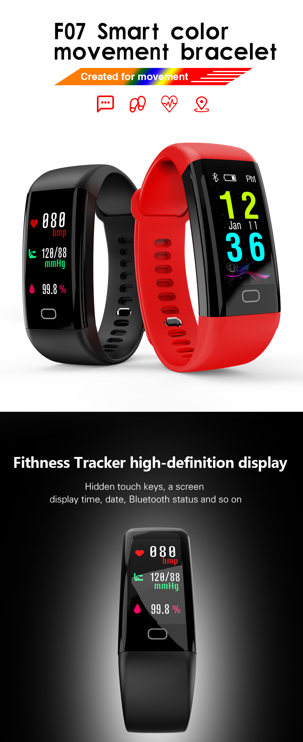 BakeeyColorScreenWristbandHeartRateBloodPressureMonitorUSBChargingFitnessTrackerIP68SmartWatch-1221843-2