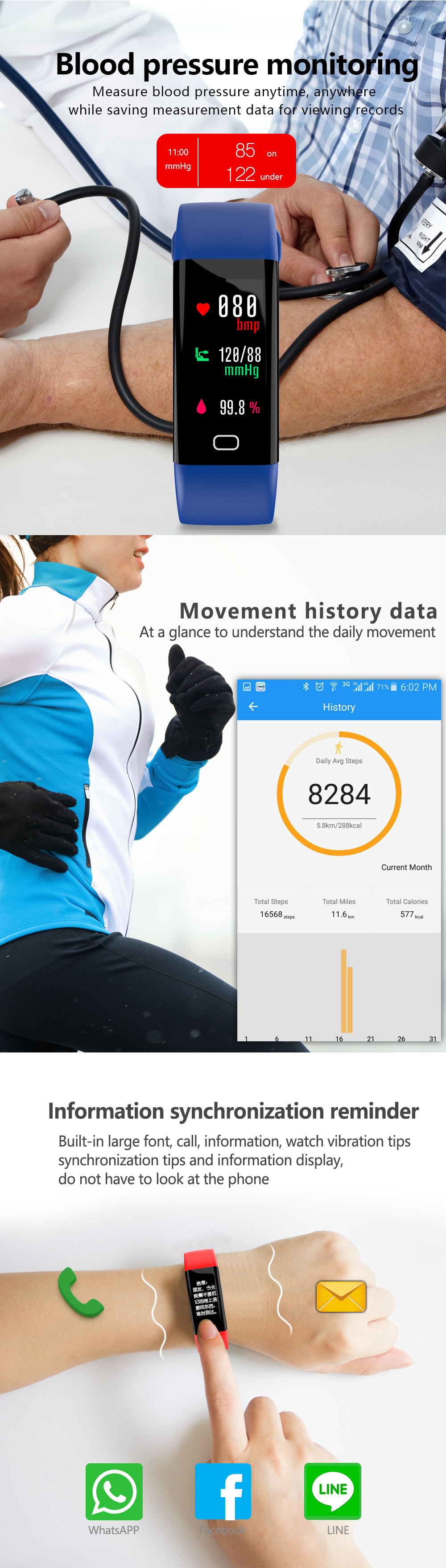 BakeeyColorScreenWristbandHeartRateBloodPressureMonitorUSBChargingFitnessTrackerIP68SmartWatch-1221843-7