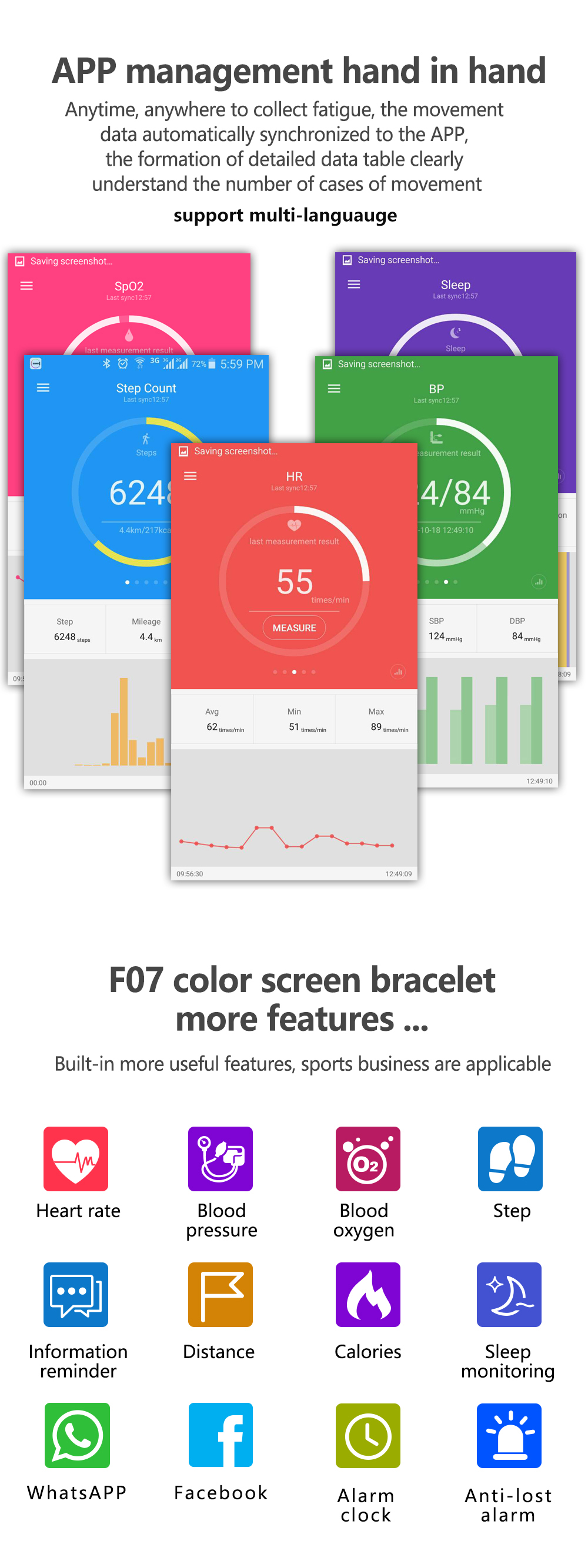 BakeeyColorScreenWristbandHeartRateBloodPressureMonitorUSBChargingFitnessTrackerIP68SmartWatch-1221843-9