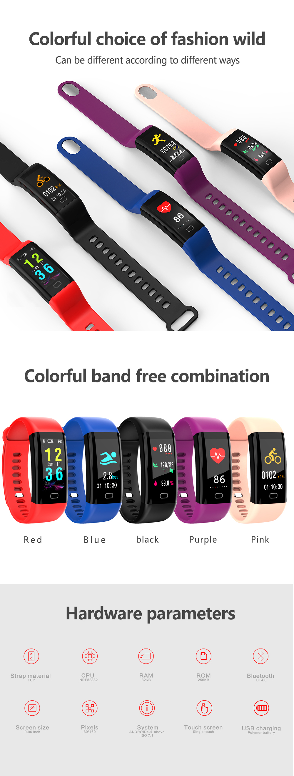 BakeeyColorScreenWristbandHeartRateBloodPressureMonitorUSBChargingFitnessTrackerIP68SmartWatch-1221843-10