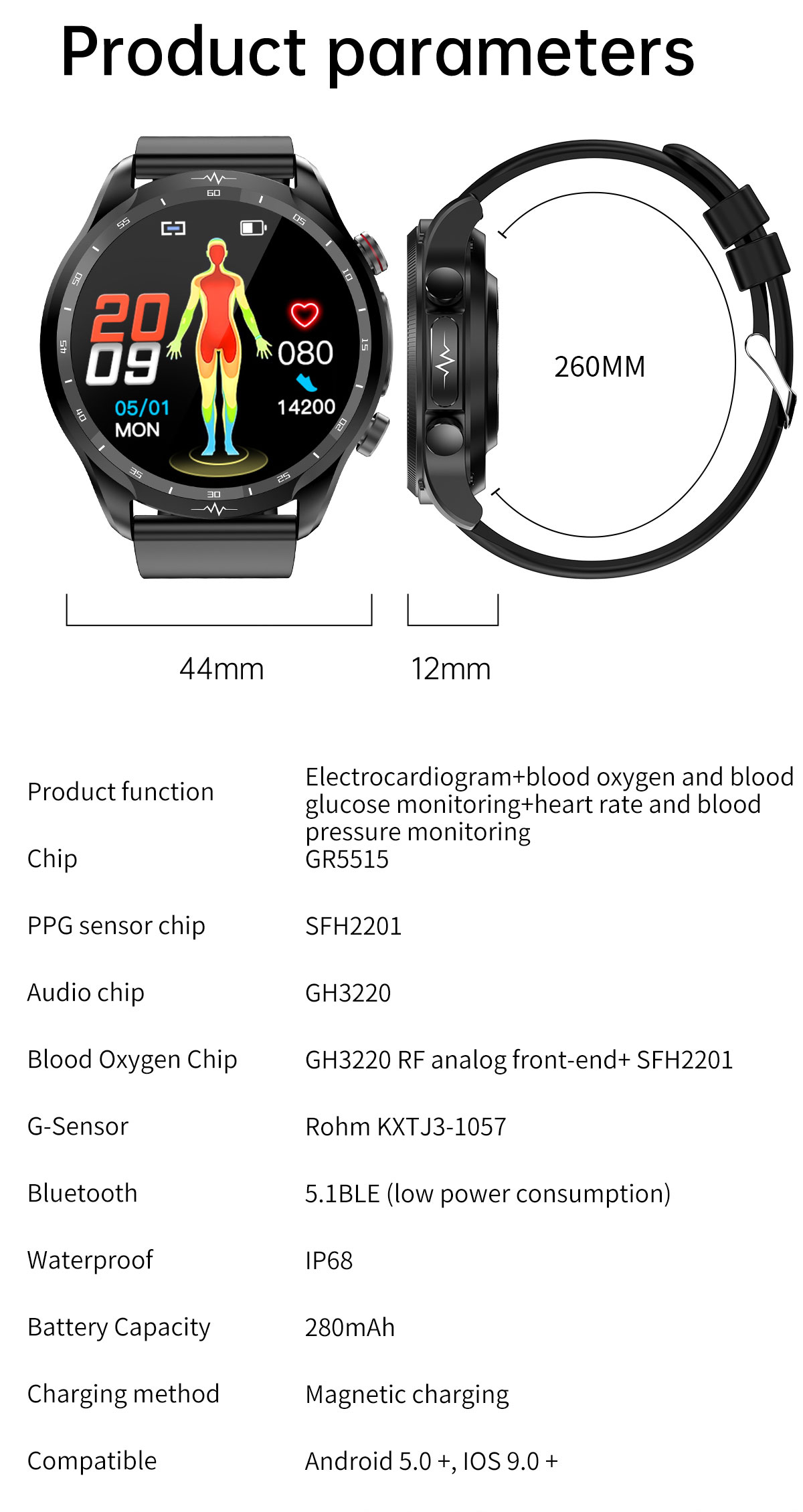 E430139inchHDTouchScreenNon-invasiveBloodSugarECGHealthBloodPressureTemperatureMeasurementSportSmart-1986759-29