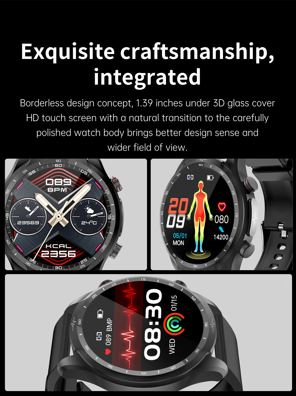 E430139inchHDTouchScreenNon-invasiveBloodSugarECGHealthBloodPressureTemperatureMeasurementSportSmart-1986759-4