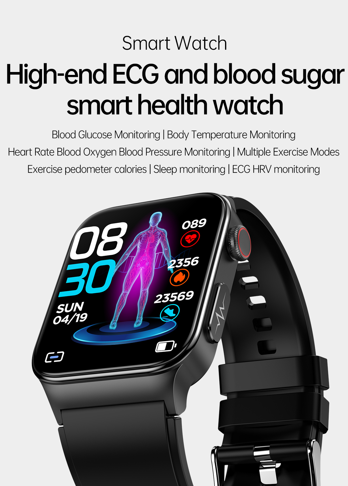 E500183inchHDScreenECGMonitorHeartRateBloodPressureSpO2MonitorFitnessTracker280mAhBatteryBT51IP68Wat-1975552-1