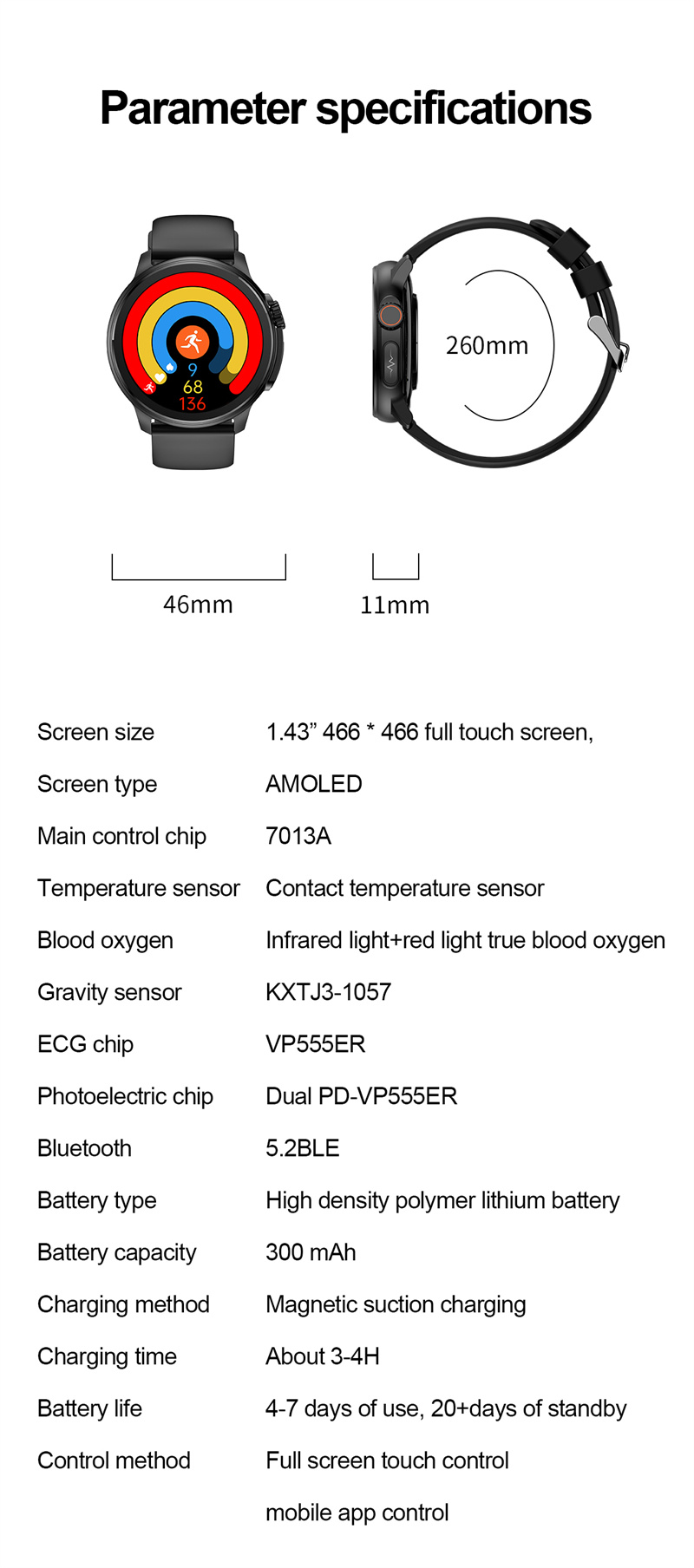 ET481143inchAMOLEDHDScreenECGBloodCompositionNon-invasiveBloodGlucoseMeasurementHRVFunctionAIMedical-2004986-30