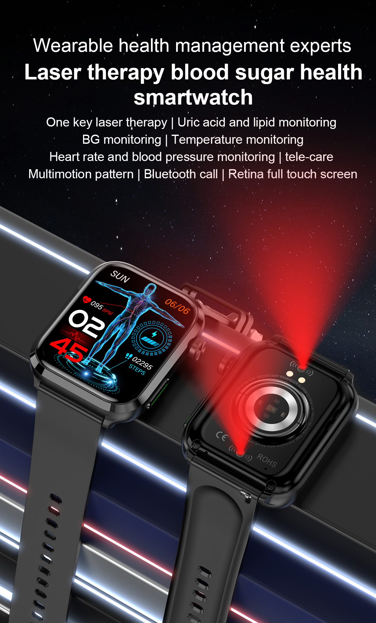 F220191inchHDScreenLaserTherapyBloodSugarUircAcidLipidMonitoringHealthbluetoothCallMulti-sportModesM-2001843-1