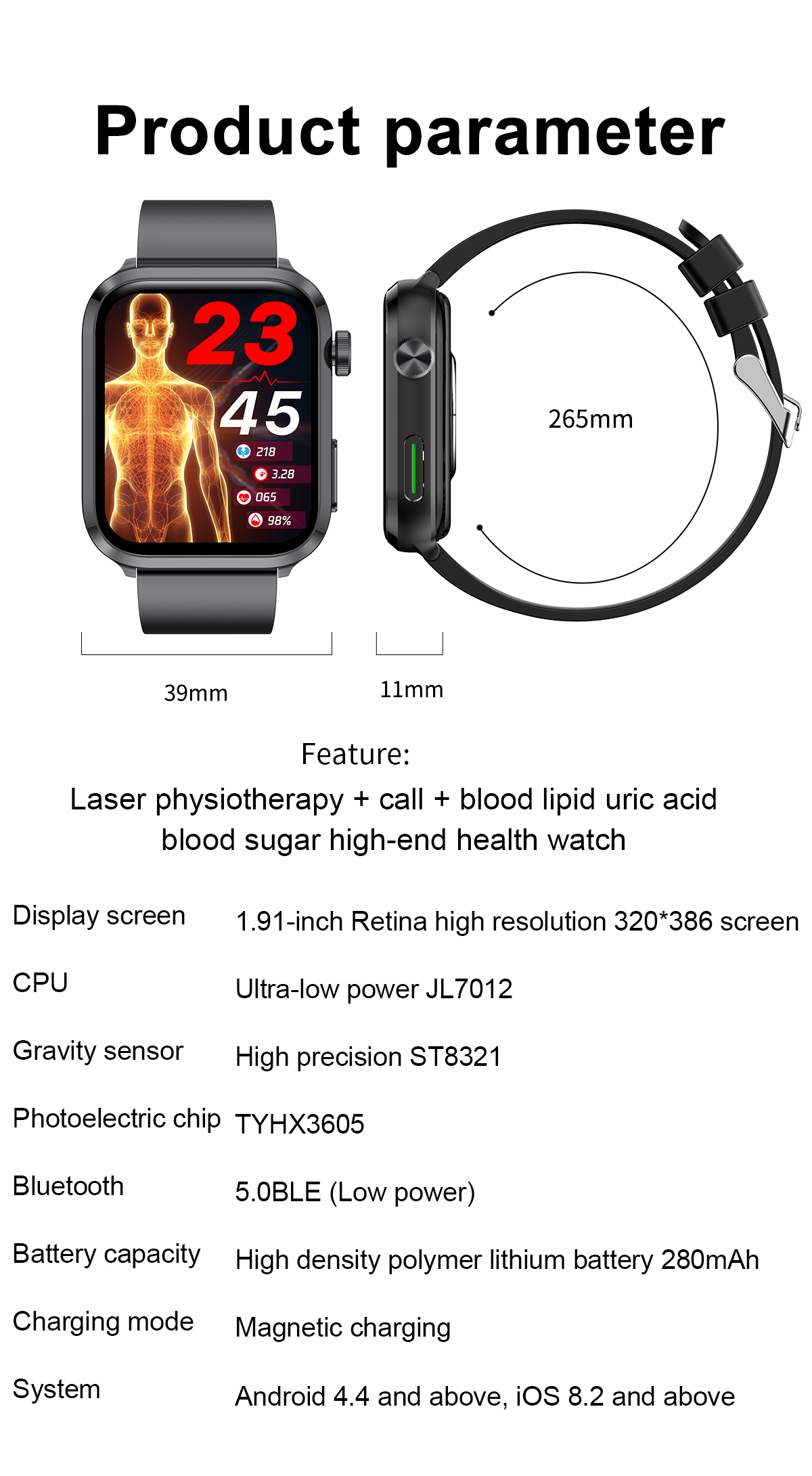 F220191inchHDScreenLaserTherapyBloodSugarUircAcidLipidMonitoringHealthbluetoothCallMulti-sportModesM-2001843-23