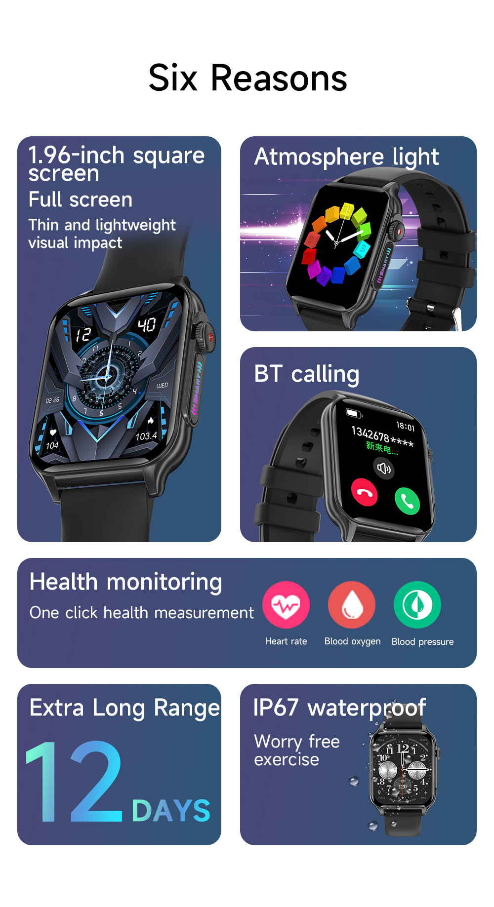 P6196inchHDScreenRGBbluetoothCallHeartRateBloodPressureBloodOxygenMonitorSleepMonitoringMulti-sportM-2015169-2