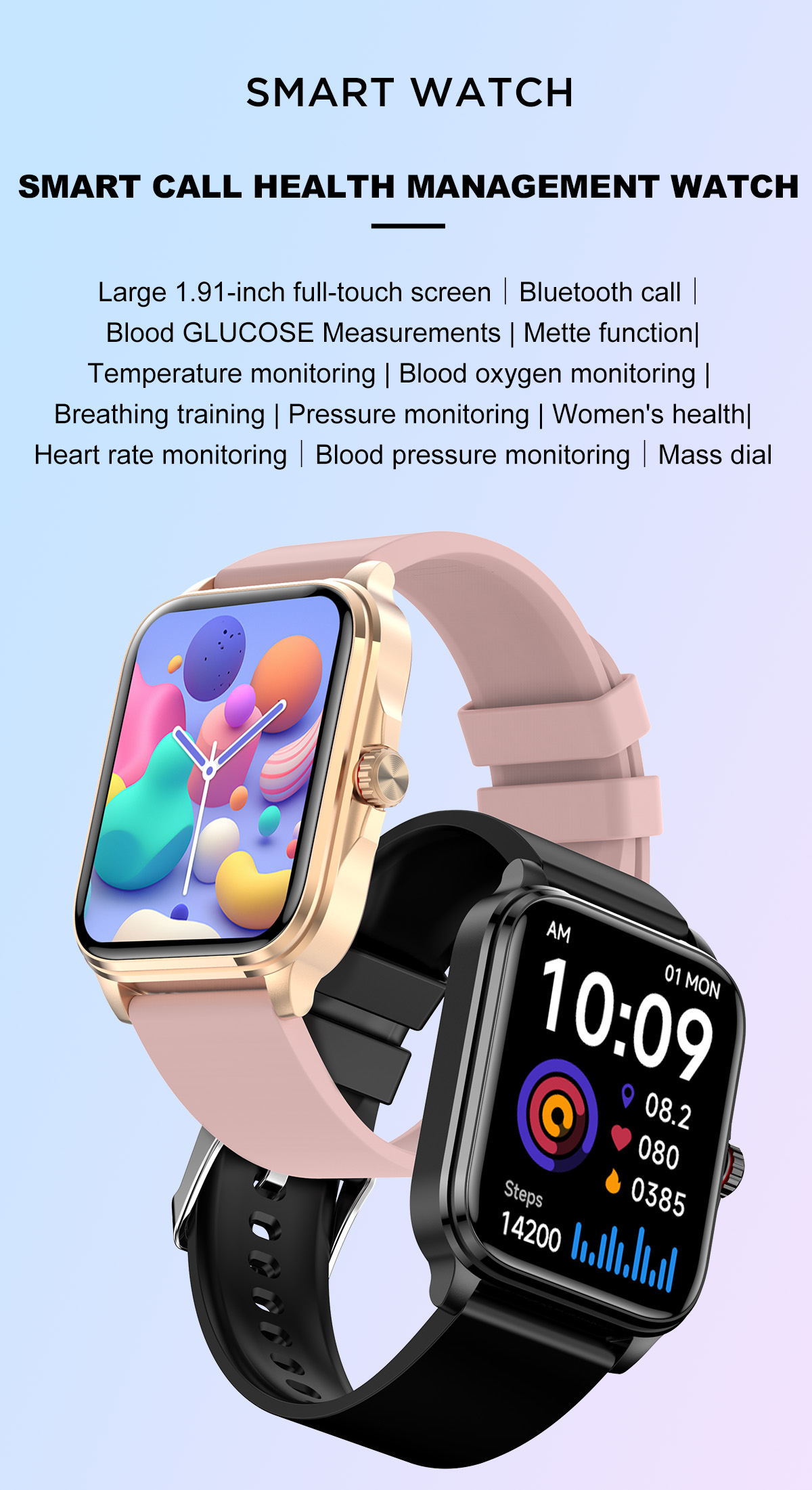 T90191inchHDScreenbluetoothCallHeartRateBloodPressureSpO2MonitorNon-invasiveBloodGlucoseMeasurementM-1995592-1